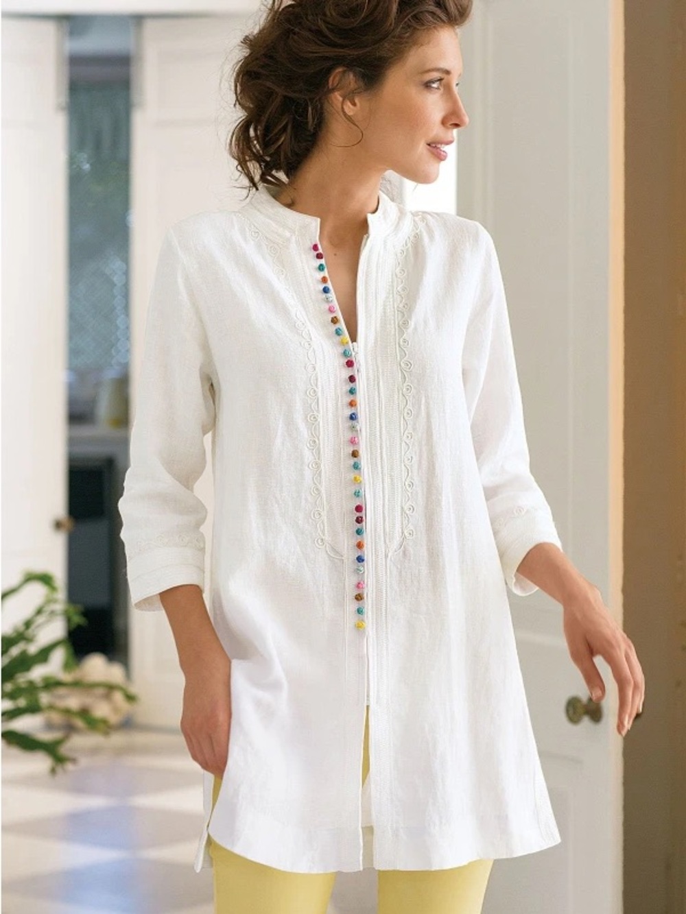 Soft Surroundings Desert zipped white linen embroidered tunic NWOT XL